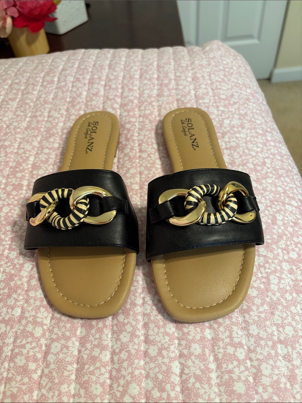 Solanz Black Slide Sandals with Gold Chain Accent